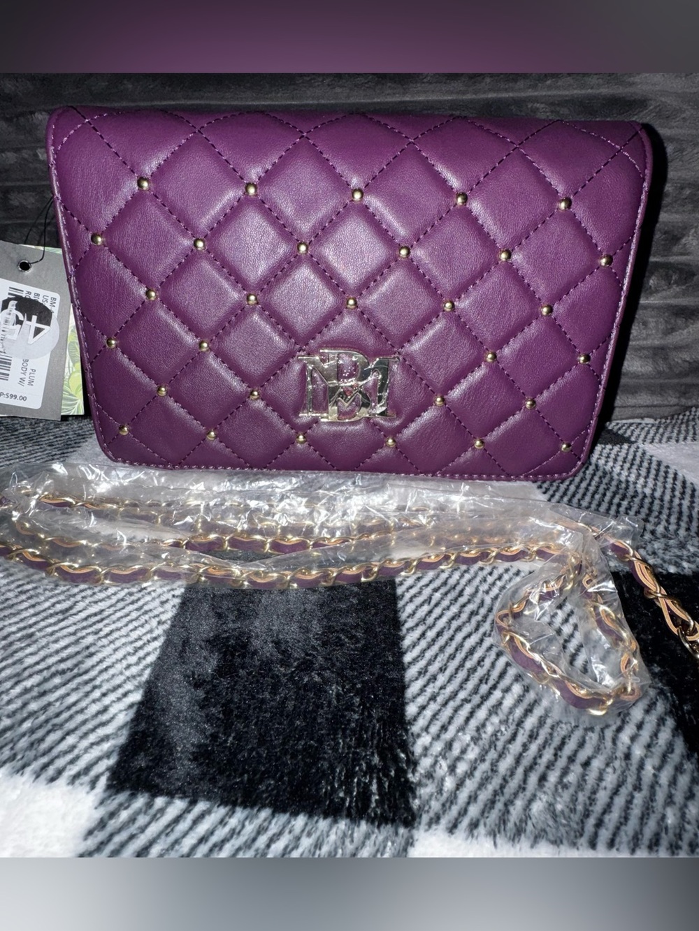 Badgley Mischka Big Diamond Quilted Plum Crossbody Bag w/ round studs- NWT $99
